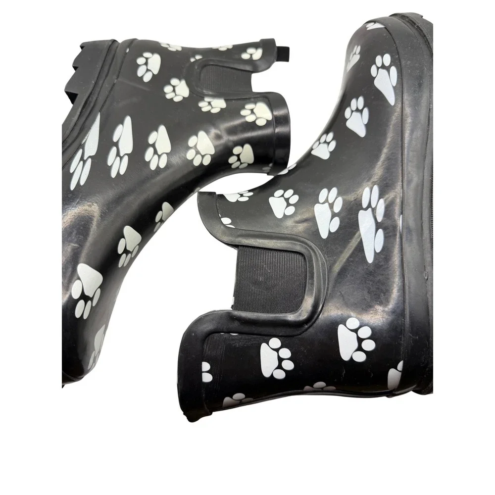 Norty Womens‎ Paw Print Rain Boots Black White Ankle Rubber Booties Size 11